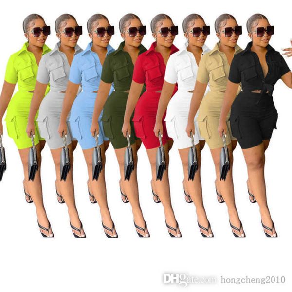 

2023 women tracksuits 2 piece set outfits summer designer short sleeve button shirt blouses and shorts matching sets, Gray