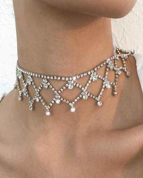 

chokers luxury rhinestone mesh shape short choker necklace charm neck jewelry for women bling crystal hollow tassel party gifts2908797, Golden;silver