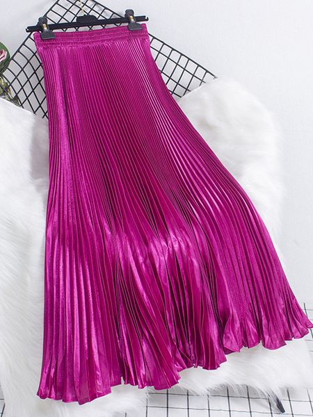 

skirts women's fashion pleated mermaid long skirt korean style casual high waist satin flowy skirts shiny 19 colors autumn sk500 230325, Black