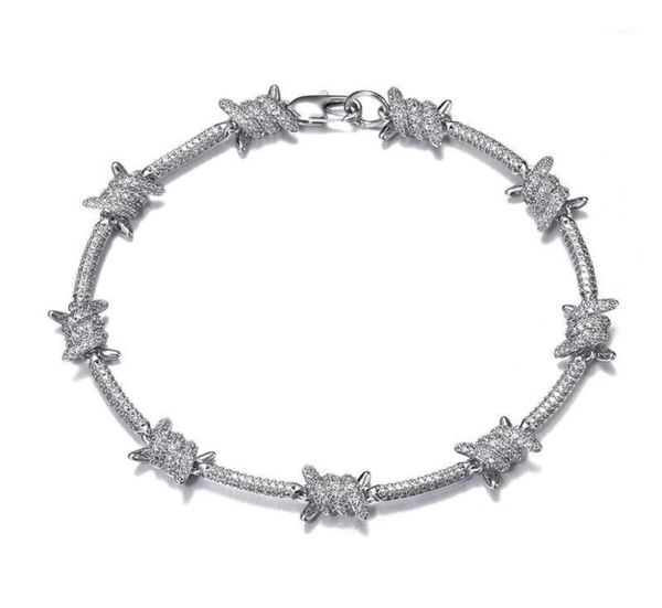 

dz 8mm barbed wire bracelet for hipster copper with zircon stones punk style white gold chain bangle hip hop fashion jewelr chain4741659, Silver