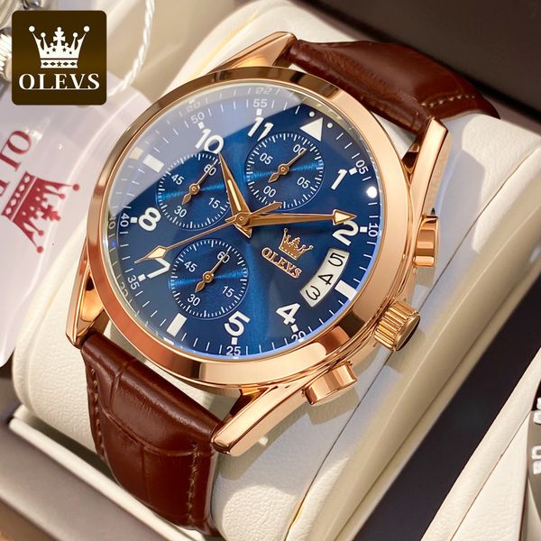 

wristwatches olevs luxury men's watches waterproof luminous quartz wrist watch leather date sports brand male watch for men relogio 230, Slivery;brown