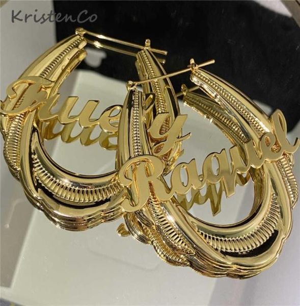 

kristenco 65mm stainless steel bamboo hoop earrings customized name earrings bamboo style custom earrings for women gift 2109241863999, Golden;silver