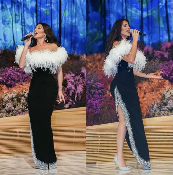 

luxury feather mermaid evening gowns off shoulder beading side split prom dress custom made fashion formal runway wear3273560, Black;red