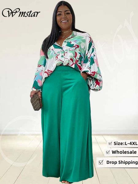 

women's plus size pants wmstar plus size two piece set women print shirts and pants pockets wide leg fall fashion matching suit drop 2, Black