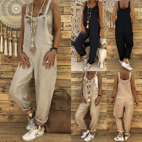 

women's jumpsuits rompers plus size autumn women loose casual bib overalls cotton linen rompers long jumpsuits solid strappy pockets du, Black;white