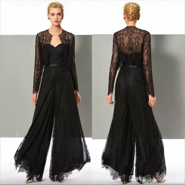

fashion black lace jumpsuit mother of the bride pant suits sweetheart neck wedding guest dress with jackets plus size mothers groom dresses, Black;red