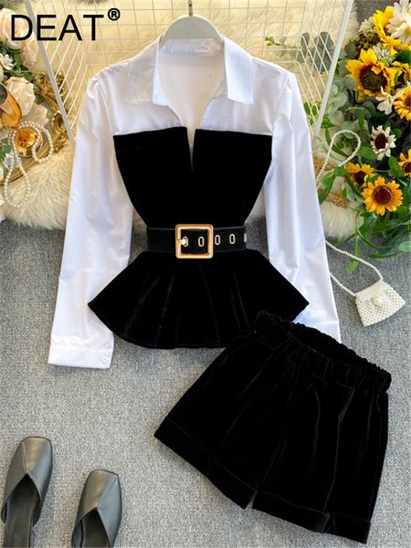 

women's two piece pants deat spring long sleeve patchwork velvet size small with belt high waist shorts two piece set women mh334 2303, White
