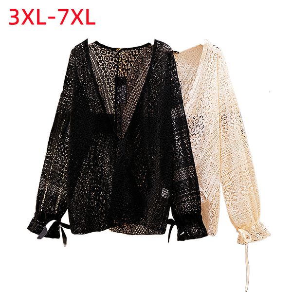 

women's plus size tshirt summer plus size for women large size blouse long sleeve loose lace sunscreen cardigan shirt 3xl 4xl 5xl 6xl, Black