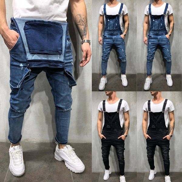 

men's pants fashion ripped skinny jeans destroyed frayed slim denim pant overalls zipper 230325, Black