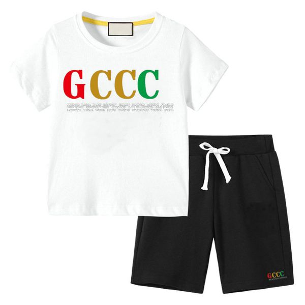 

2-7 years kids designer clothing sets summer 100% cotton t-shirt pants set brand logo printing children 2 piece clothing baby boys girl fash, White