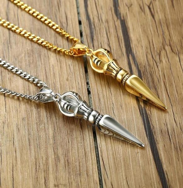 

pendant necklaces stainless steel tibetan buddhist protection necklace for men jewelry gothic vajra dagger patron saint amulet col6860386, Silver