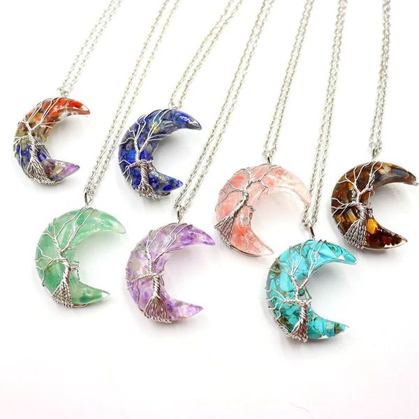 

7 chakras tree of life necklace wire wrap crescent moon crystal pendants chip natural stone resin quartz pendant chain necklace, Silver