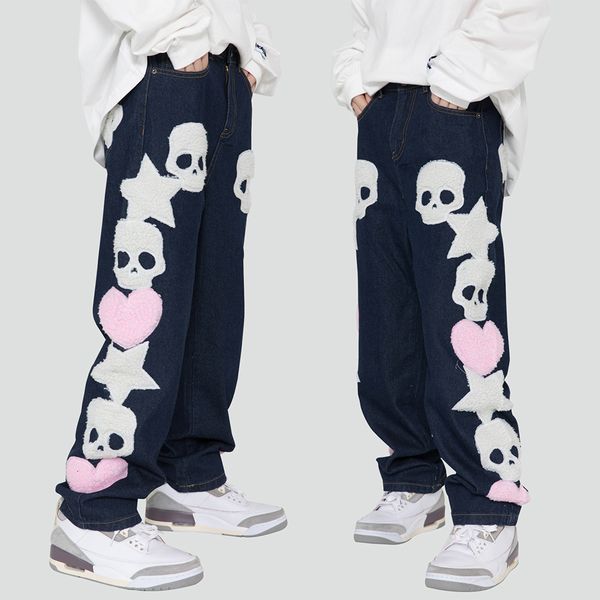 

women's jeans furry skull letter star patches denim pants winter spring high street punk goth gothic jeans women trousers couple street, Blue