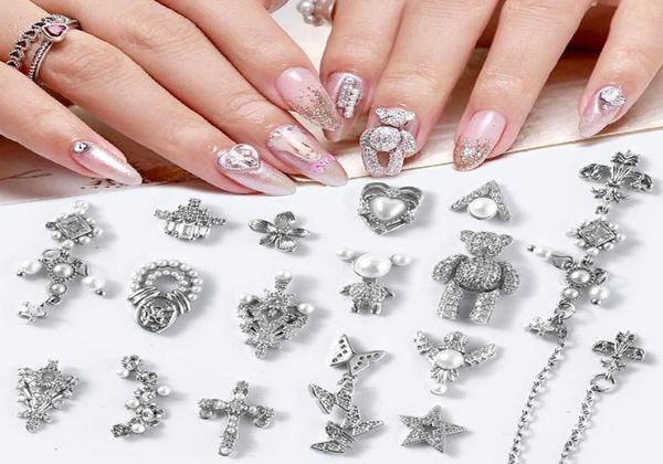 

silver zircon nail art rhinestones 3d bear butterfly flower cross tassel chains pearls nails decorations jewelry diy accessories9430086, Silver;gold