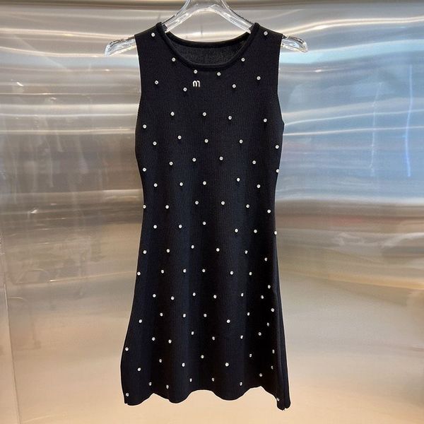 

office lady knitted dress luxurywoman summer women sleeveless pearl beading round neck dress office lady elegant solid color fashion mini ve, White;black