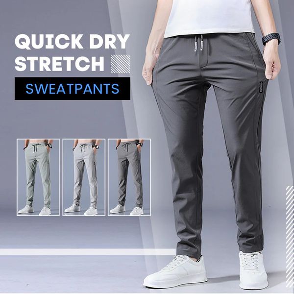 

men's pants men fast dry stretch pants ice silk trousers solid color mid-waist loose breathable straight-leg casual pants thin sports p, Black