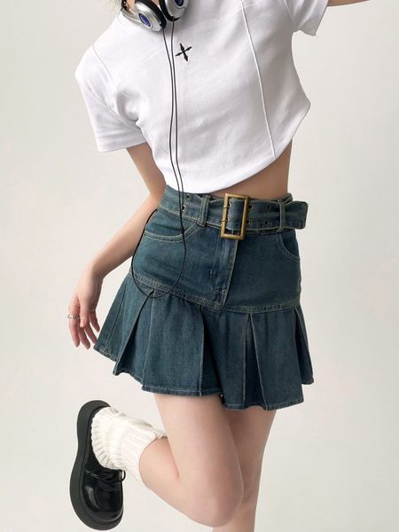 

skirts y2k skirt womens denim pleated skirt fashion casual sweetheart high waist slim gothic large size mini a line skirt 230327, Black
