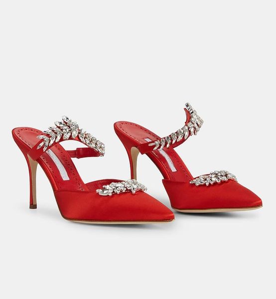 

23s fashion luxury lurum mules sandals satin crystal embellished stiletto high heel pointed toe sandals shoes wedding party lady slipper sho, Black