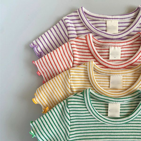 

t-shirts girl clothes pippi brand summer baby boys t-shirt striped print cotton janpanese toddler kids ruffle sleeve tees 230327, Blue