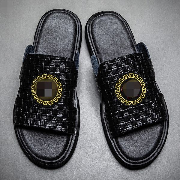 

summer men's slippers fashion new leather luxury flip flops outdoor casual lightweight men beach sandal shoes sandalias hombre, Black