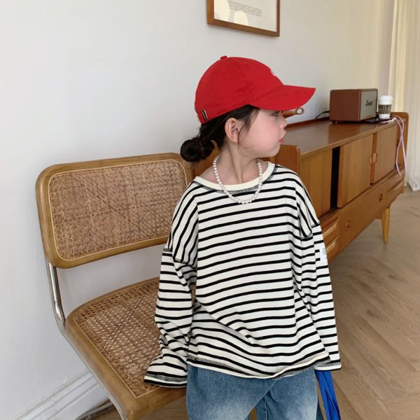 

t-shirts spring kids hoodies girls striped long sleeve t shirts boys loose cotton sports tees 230327, Blue