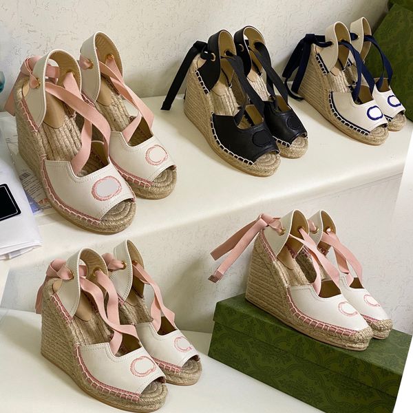 

women open-toe platform espadrille designer sandals strap round wedge heel heels lace-up genuine leather fisherman wedding dress shoes, Black