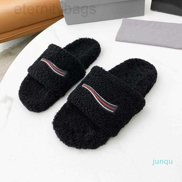 

slippers designer wool solid color embroidery flip flop winter original rubber non-slip wear-resistant bottom autumn sheep leather dupe, Black