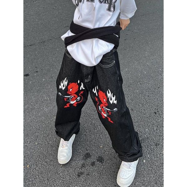 

mens jeans american retro loose street jeans male and fe devil printing y2k hiphop trendy brand straightleg pants ins 230327, Blue