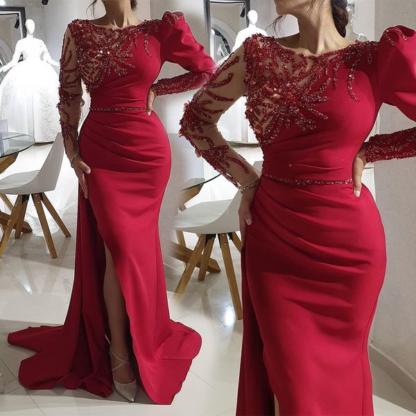 

prom party gown mermaid evening dresses bateau long sleeve floor-length sweep train beaded crystal applique satin red long split illusion, Black