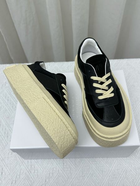 

women shoes mm6 leather platform low sneakers calf leather suede trim logo patch tongue lace-up fastening branded insole round toe platform, Black