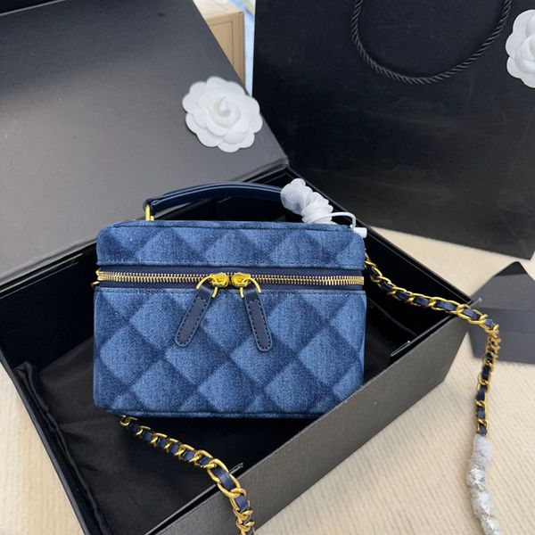 

20cm womens dark blue denim vanity box bags designer bag diamond lattice with handle gold metal hardware cosmetic case purse makeup totes ma