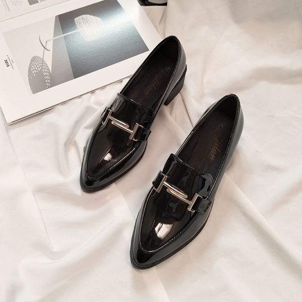 

sandals pointed toe metal decoration flats slip on casual thick heels women shoes solid leather brief loafers college students moccasins 230, Black