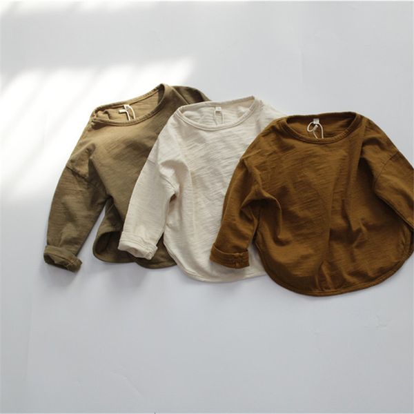 

t-shirts spring autumn boys and girls solid color slub cotton loose t shirts oversized long sleeve tees children clothing 230327, Blue