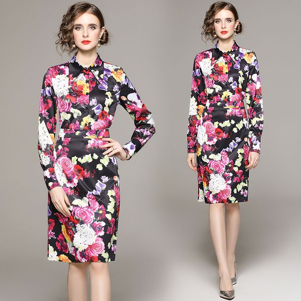 

2023 designer floral two piece dress office lady sets long sleeve fashion print blouse and bag hip skirt women graceful 2 piece midi dress c, White