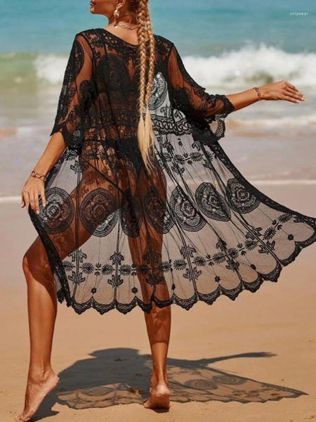 

Women's Swimwear Jastie Bohemian Beach Bikini Cover Up Tunic Pareo Crochet Lace Women Summer Holiday Sunscreen Cardigan Tops, Black