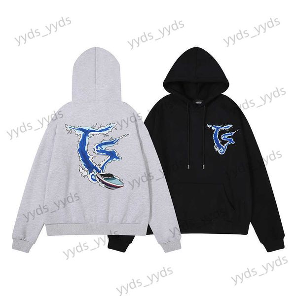 

men's hoodies sweatshirts small trapstar fast boat waves printed cotton thermal plush hoodie sweater men's and women's t23032, Black