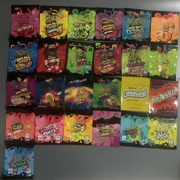 

25 types edibles packaging bags 600mg edible gummies smell proof resealable zipper pouch bag sour brite crawlers candy gummy mylar baggies