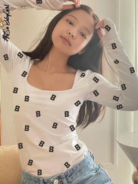

womens tshirt tshirts long sleeve women letter print crop korea skinny white tee autumn winter streetwear basic square neck t shirt 230327