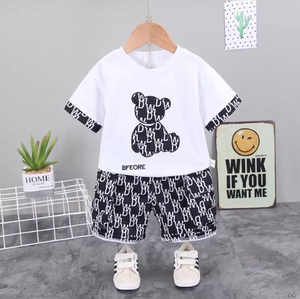 

summer baby girl clothes suit boys cotton cartoon bear t-shirt shorts 2pcs/set toddler casual costume kids tracksuits clothing sets, White