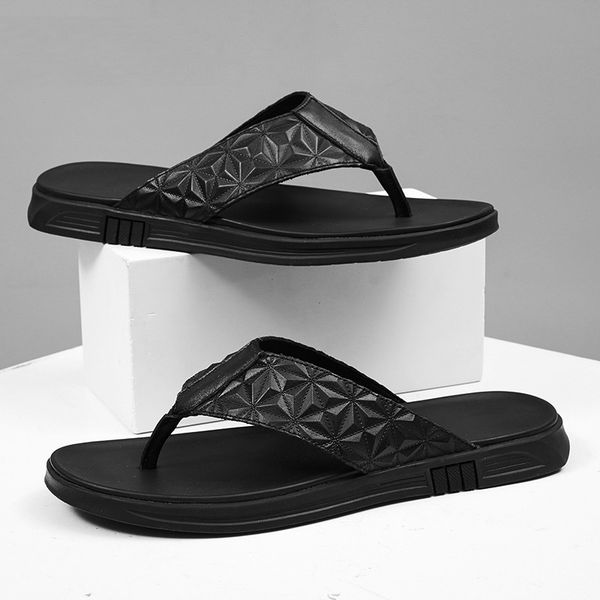 

new leather luxury cow leather shoes men sandals mens flip flops men's casual shoe beach slippers anti-slip summer, Black