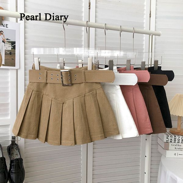 

skirts pearl diary summer high-waisted leather belt y2k skirt korean version retro style pleated skirt women all-match hip skirt 230327, Black