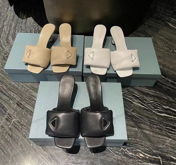 

2023 classic medium thick heel womens slippers sandals triangle buckle decoration luxury designer soft sheepskin mule street style factory s, Black