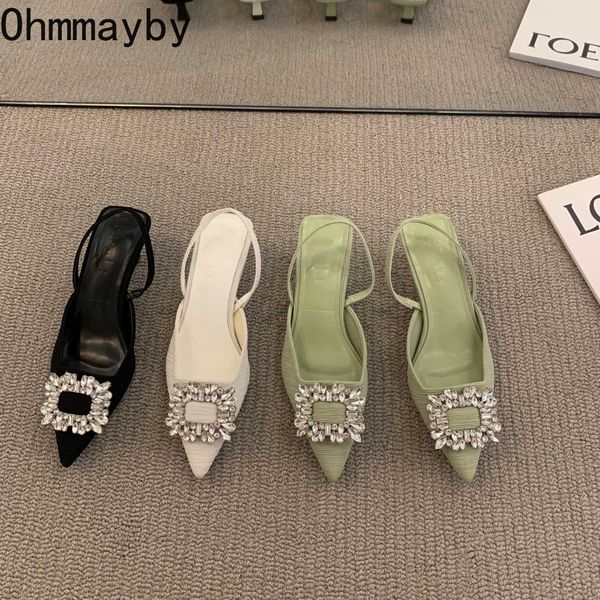 

fashion crystal buckle sandal 2023 women shoes flat heel pointed toe slingback shoes slip on mules green dress shoes 230327, Black