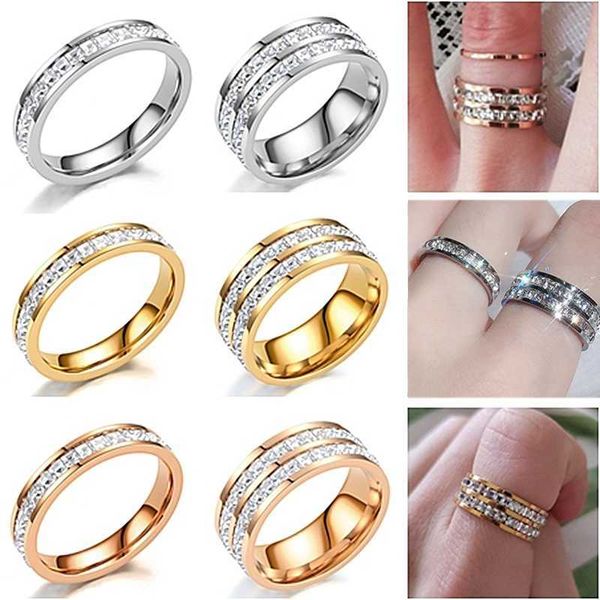 

band rings trendy double row zircon ring for women stainless steel ring women couples jewelry party g230327, Silver