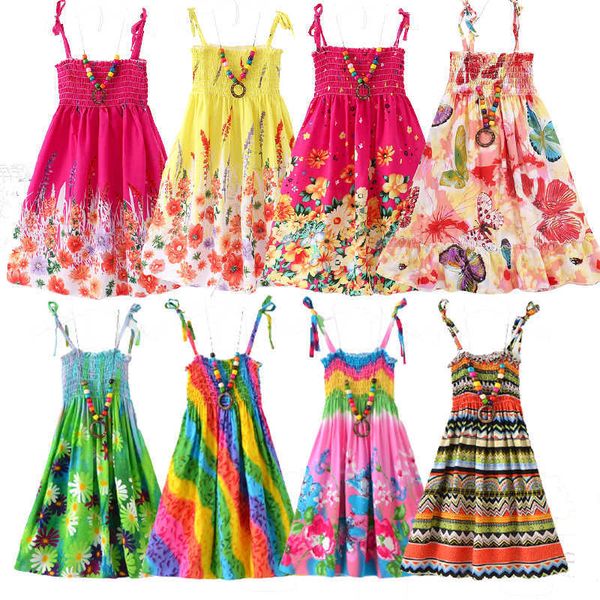 

girl's dresses 2023 summer girls floral dress sling ruffles bohemian beach princess dresses for girl clothing 2 6 8 12 years with neckl, Red;yellow