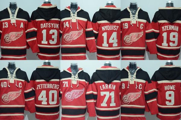 

men s detroit red wings #13 pavel datsyuk #9 howe #14 nyquist #19 yzerman #40 zetterbery #71 larkin red black ice hockey jerseys hoodie, Black;red