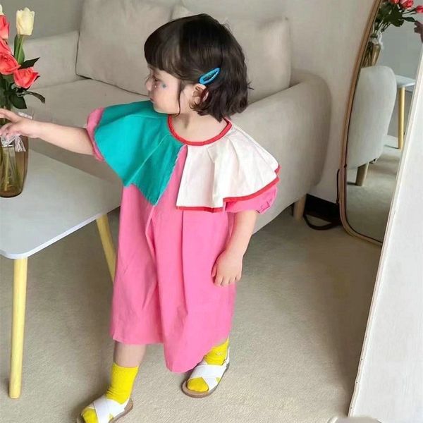 

16086 summer kids girls dress patchwork lotus leaf collar short sleeve princess elegant dress girl children casual dresses, Red;yellow