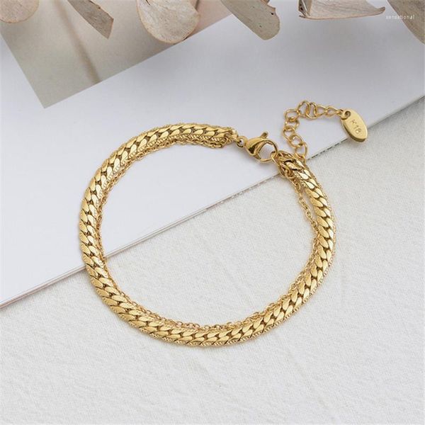 

strand stainless steel flat chain girl personality bracelet titanium plating 18k golden multi-layer bracelets for women jewelry gifts, Black