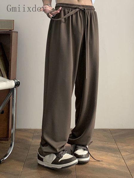 

men's pants gmiixder vintage fall/winter men pants oversize straight tube fashion high street bottom elastic waist wide leg casual trou, Black