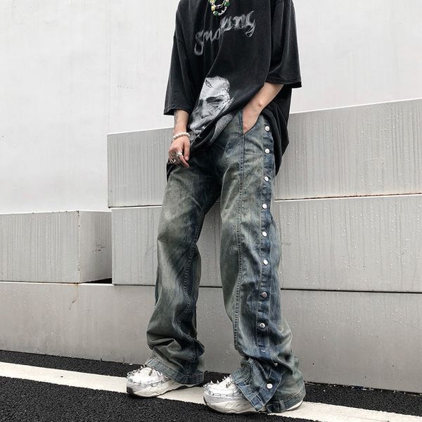 

mens jeans men washed old breasted oversized denim pants harajuku fashion casual retro loose hip hop straight trousers streetwear 230327, Blue